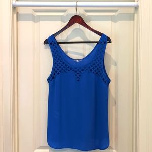 Blue Lattice Cut-Out Neckline Tank Blouse L